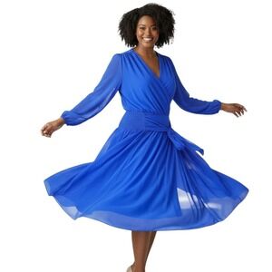 Lane‎ Bryant Dress Sz 25 Royal Blue Midi Chiffon Plus Size Full Skirt Party Date